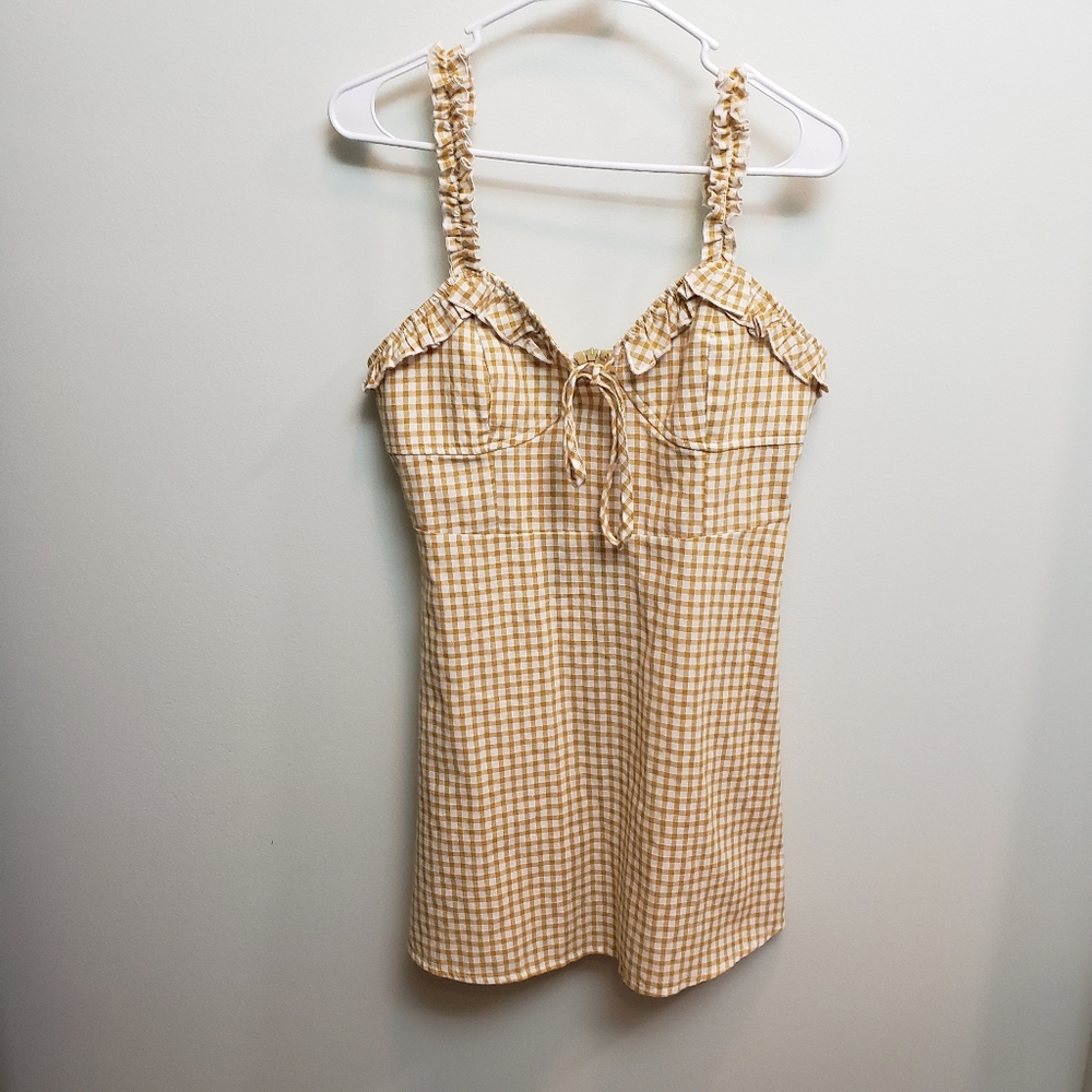 Boohoo Yellow Checkered Mini Dress with Ruffled Straps Size 8